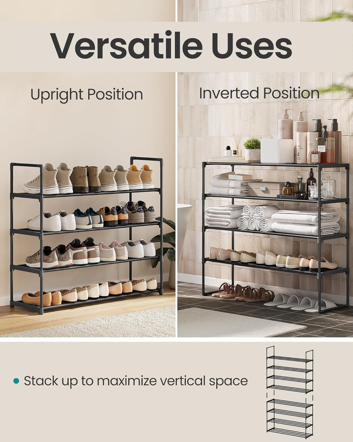 SONGMICS 4-Tier Shoe Rack - Stackable Metal Organizer for 20-25 Pairs | Black, 11.8 x 36.2 x 29.1 Inches
