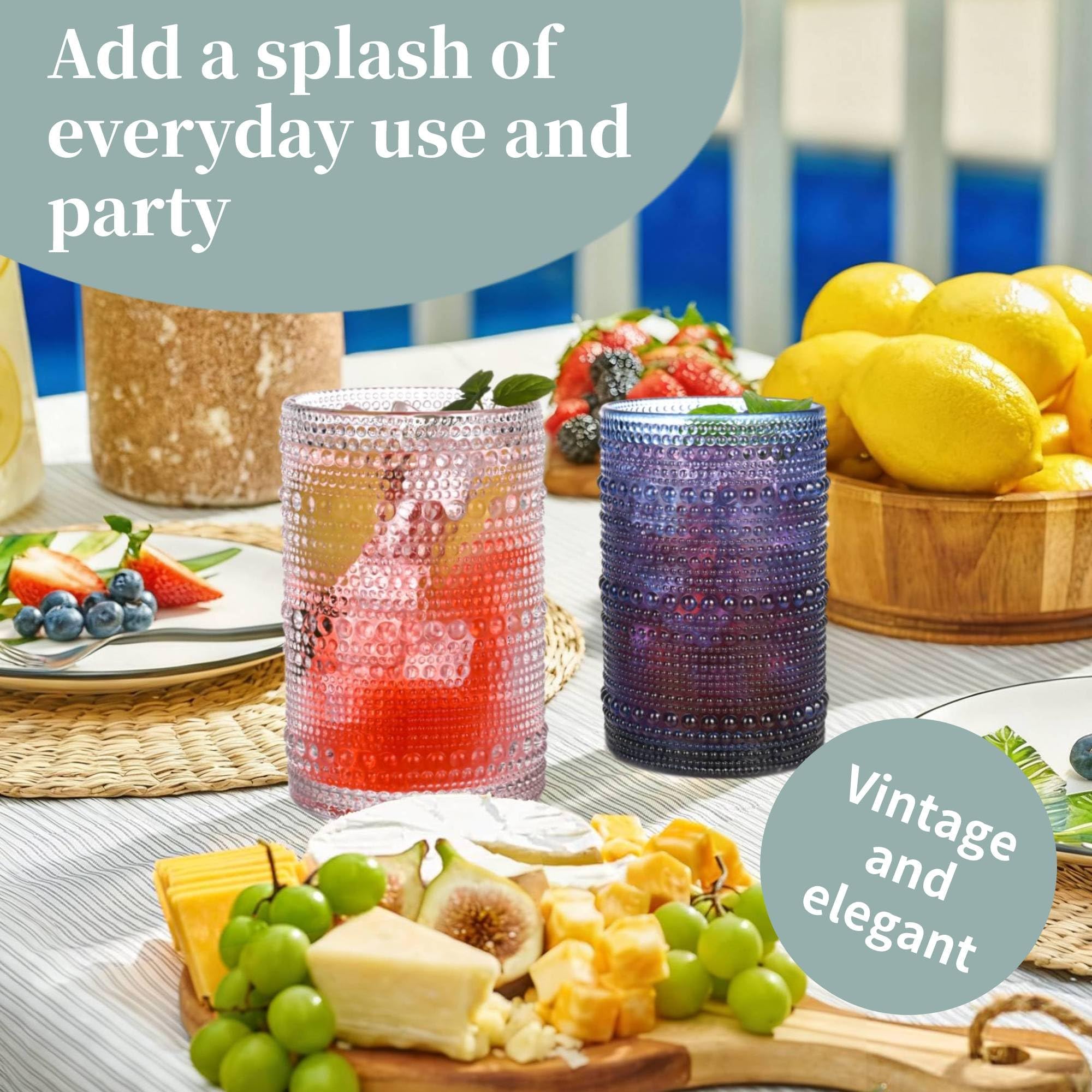 JPPSUJJ Colored Hobnail Drinking Glasses Set of 6, 15 oz Vintage Highball Glasses, Drinkware Kitchen Glasses for Cocktail, Iced Coffee, Beer, Ice Tea, Wine, Whiskey, Water
