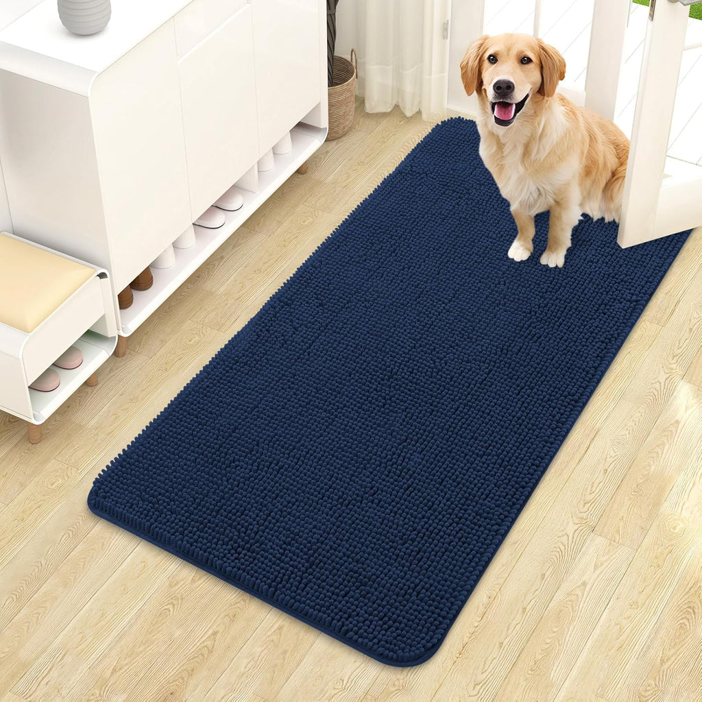 OLANLY Dog Door Mat - Absorbent Non-Slip Chenille Mat for Muddy Paws | 44x24 Dark Blue Indoor Carpet