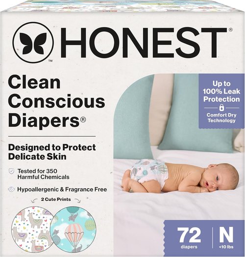 Honest Company Comfort Dry Disposable Diapers - Hypoallergenic for Sensitive Skin | Newborn Size, 72 Count