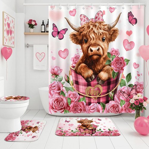 Valentines Shower Curtain Set Red Floral Sweet Love Hearts Shower Curtain with Non-Slip Bath Rugs, Toilet Lid Cover Cute Highland Cow Valentines Bathroom Decor Set (Pink, 72"W x 72"L (Pack of 1))
