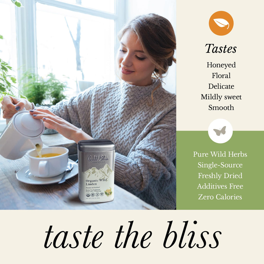 Wild Bliss Organic Linden Flower Tea - Caffeine Free Loose Leaf Calming Herbal Tea - 2.82 Ounces - 40 Servings