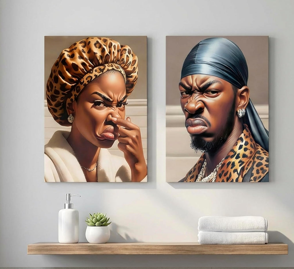 Skiennix Funny Stank Face Bathroom Wall Art - Humorous African American Canvas Decor | 2-Piece Set