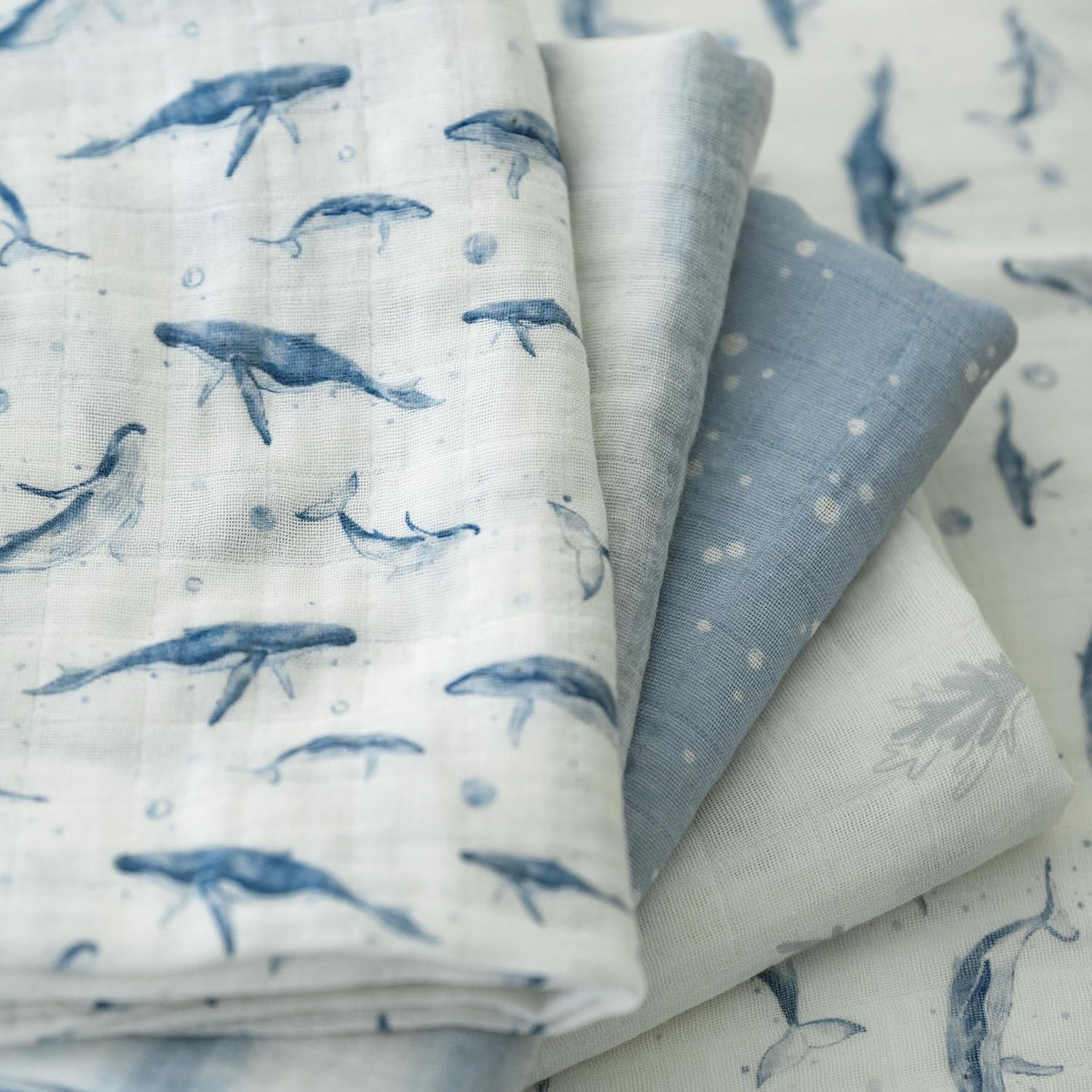 Skiennix Muslin Swaddle Blankets - 4 Pack Cotton Baby Blankets for Newborns | Large 31.5 x 43.3" Soft & Breathable Blue Whale Design