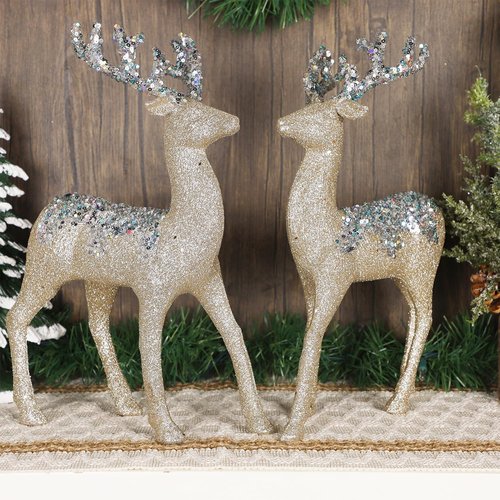 Juegoal Glitter Reindeer Figurines - Set of 2 Christmas Tabletop Decorations | 12.6" Plastic Elk Ornaments