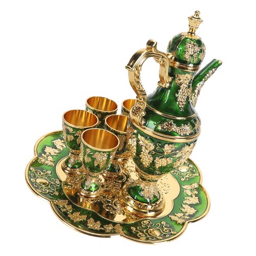 Vintage Turkish Tea Set with Metal Teapot, 6 Cups and Serving Tray, Gold Green, Traditional Coffee Serving Kit for Home