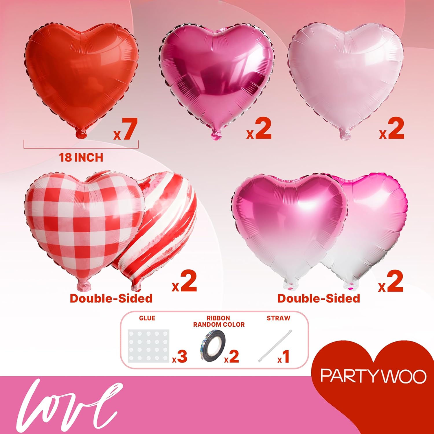 PartyWoo Valentine's Balloons - 15pcs 18 Inch Pink & Red Foil Heart Balloons for Romantic Celebrations