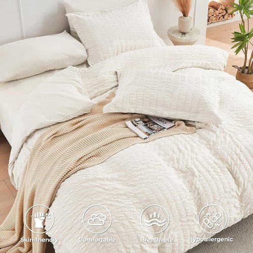 HYMOKEGE Ivory Queen Comforter Set - 7-Piece All-Season Luxury Bedding Set with Sheets & Pillowcases
