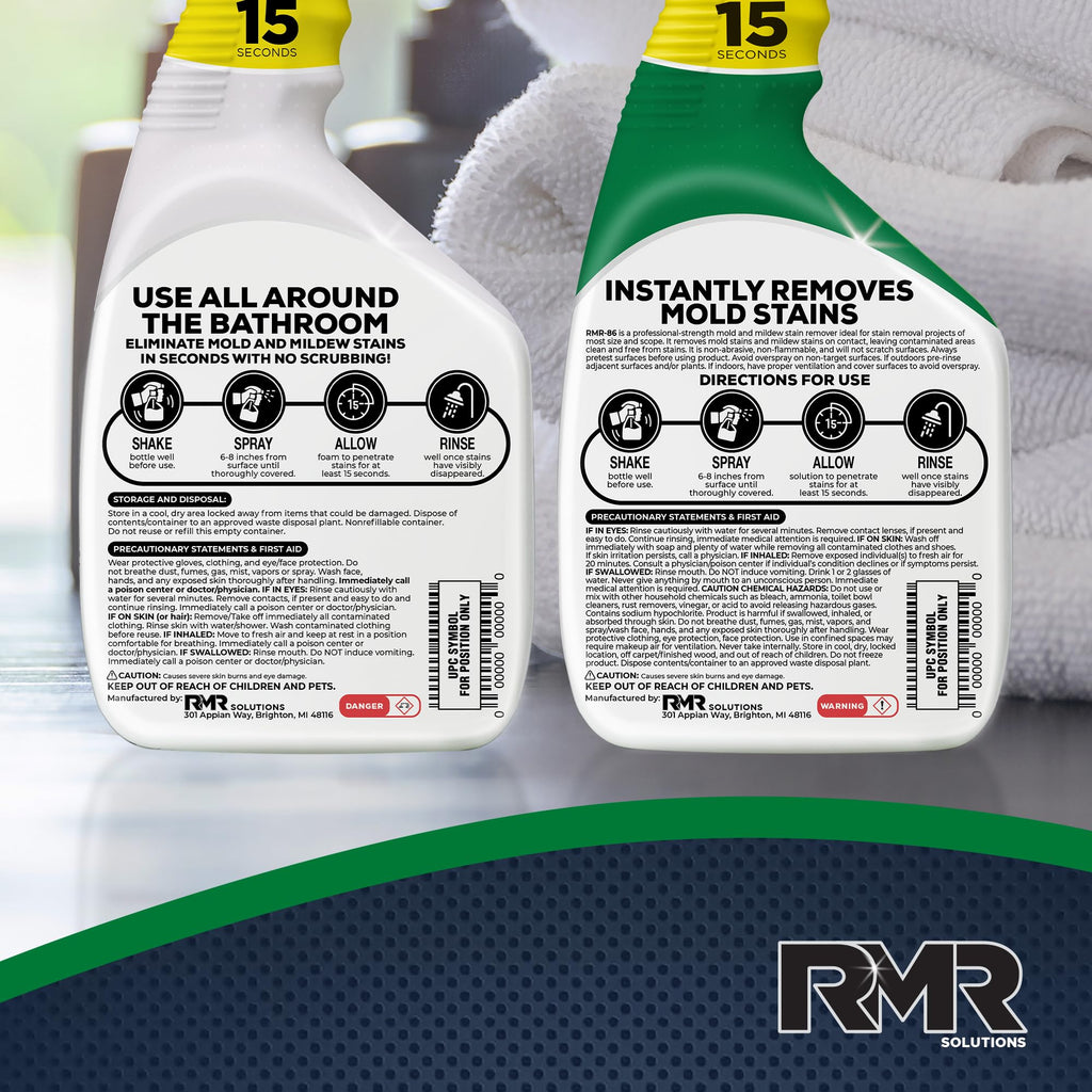 RMR Mold Stain Eraser Max Pack – No-Scrub Tub & Tile Cleaner + Instant Mold & Mildew Stain Remover Spray, Indoor/Outdoor Bathroom, Shower, Siding, & Deck Cleaning Kit, 2–32 Oz Bottles
