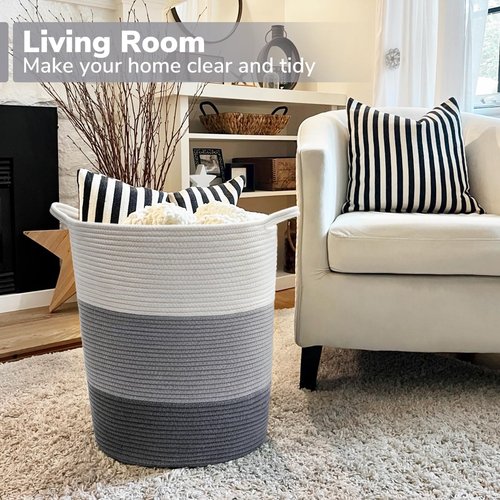INDRESSME Tall Laundry Basket Woven Baby Hamper and Nursery Hamper, Cotton Rope Toy Baskets with 65L Capacity, Large Storage Baskets for Clothes, Blankets, Toys in Living Room, Bathroom, Bedroom