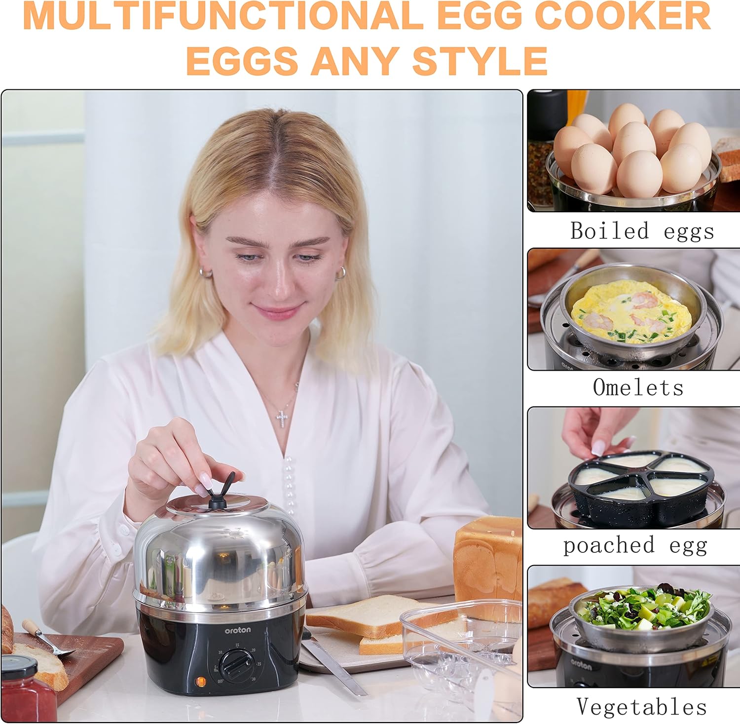 Oroton 9-Egg Capacity Electric Egg Cooker - 304 Stainless Steel | Auto Shut-Off & Timer Settings