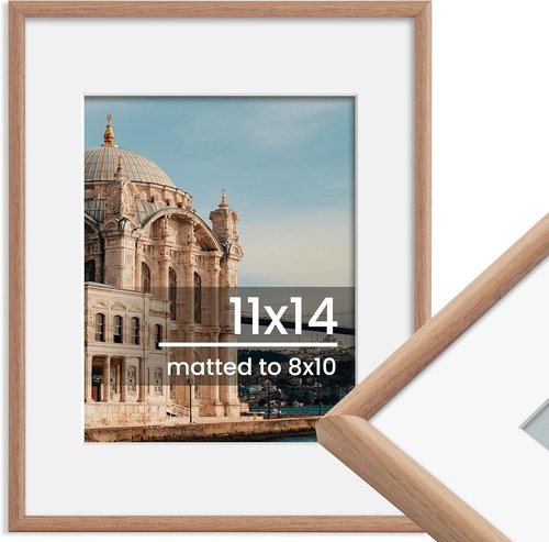 FLYJOE 11x14 Picture Frame - Display 8x10 Photos with Mat or 11x14 Without Mat - Natural Woodgrain Finish