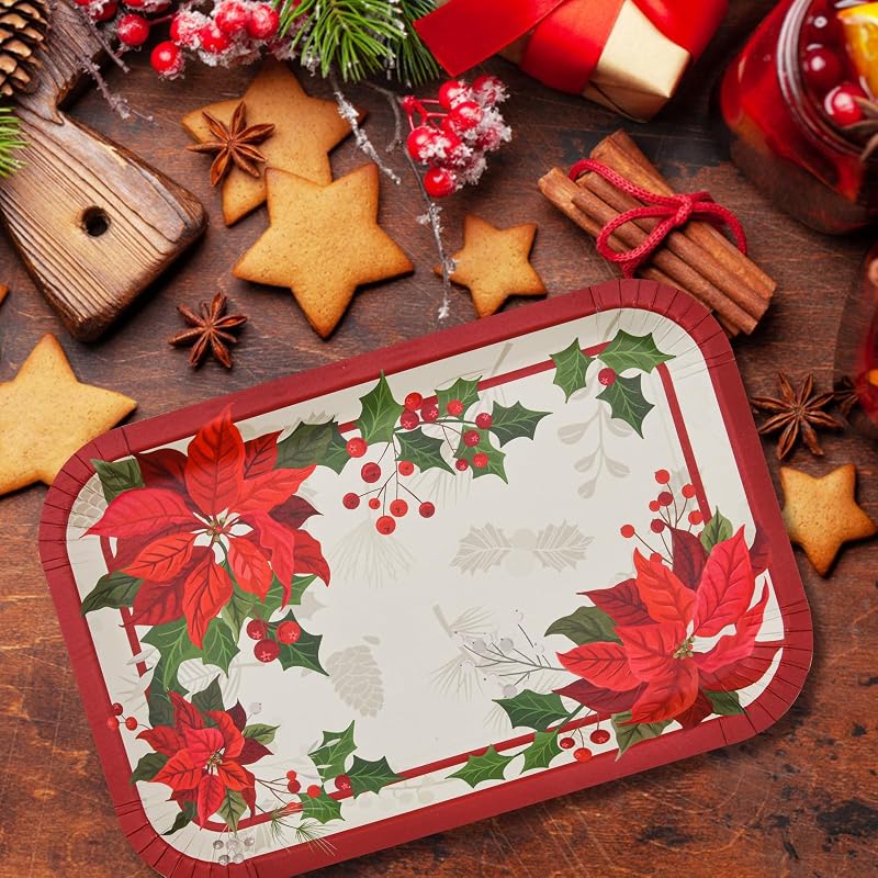 20 Count Christmas Poinsettia Paper Platters - 15 x 10.3 in Red/Green Heavy-Duty Disposable Trays (Variation: 20)
