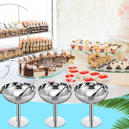 Reallnaive 12 Sets Stainless Steel Ice Cream Cups 6.7 Oz Small Footed Bowls with Forks Bulk Stainless Dessert Cup for Serving Pudding Fruit Summer Birthday Party Supply (Glossy,Silver)