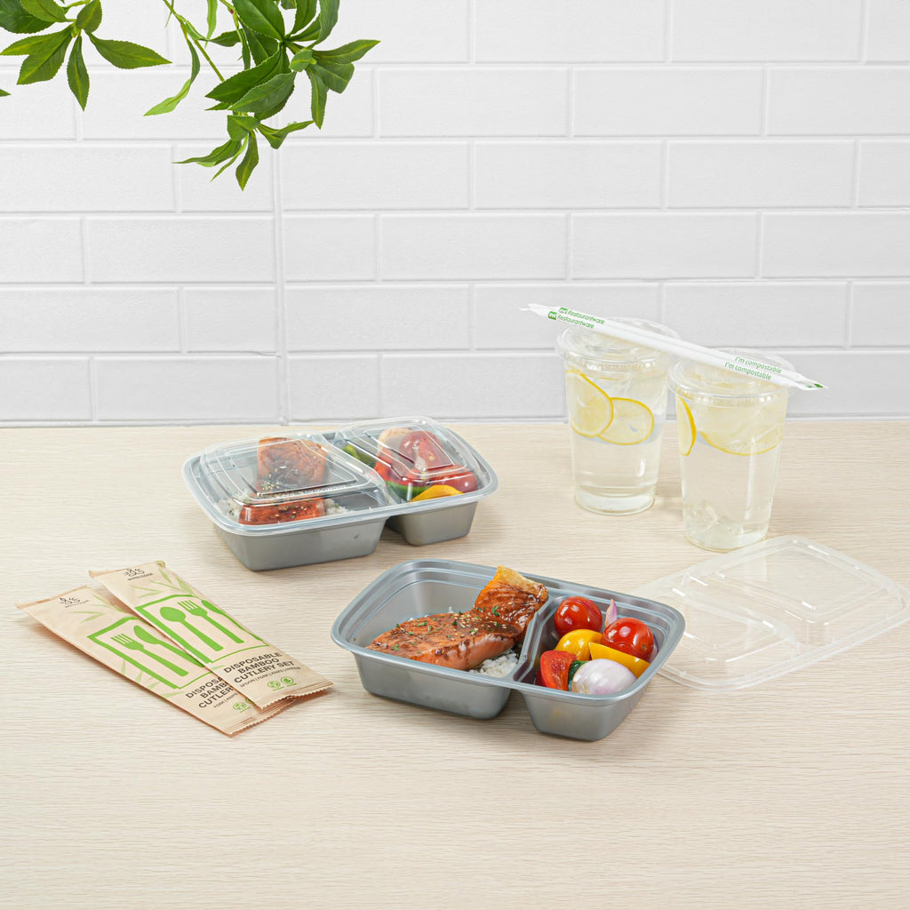 Restaurantware-Asporto 26 Ounce Compartment Take Out Boxes, 100 Microwavable Meal Prep Containers - 2 Compartments, With Clear Plastic Lids, Silver Plastic Food Containers, Do Not Contain BPA