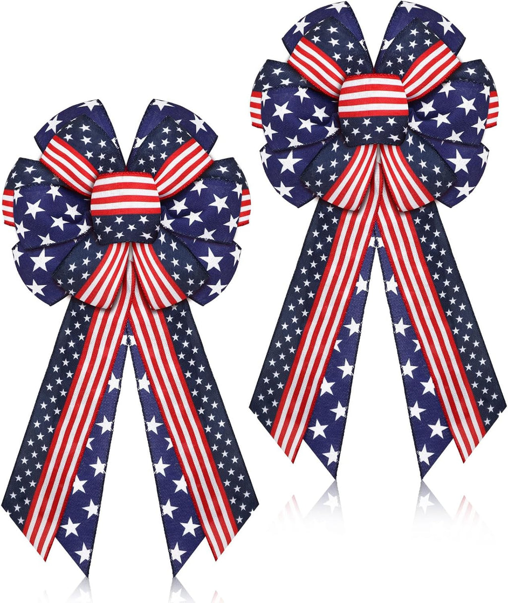 Riceshoot Patriotic Bows - USA Red, White & Blue Star Burlap Tree Topper | 4th of July Decoration (2 Pcs)