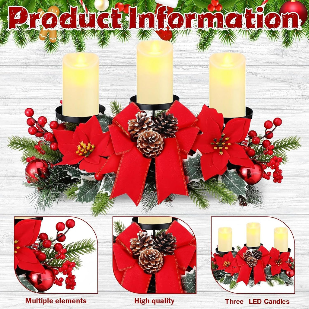 Regine Switzerland Christmas Centerpiece - 3 Candle Holders with LED Candles & String Lights | Poinsettia Red Buffalo Plaid Decor