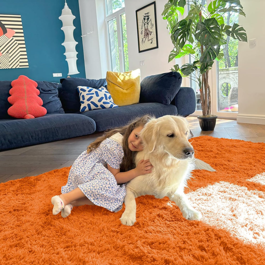 OLANLY Large 8x10 Machine Washable Area Rug - Soft Fluffy Shaggy Carpet for Living Room & Bedroom | Orange