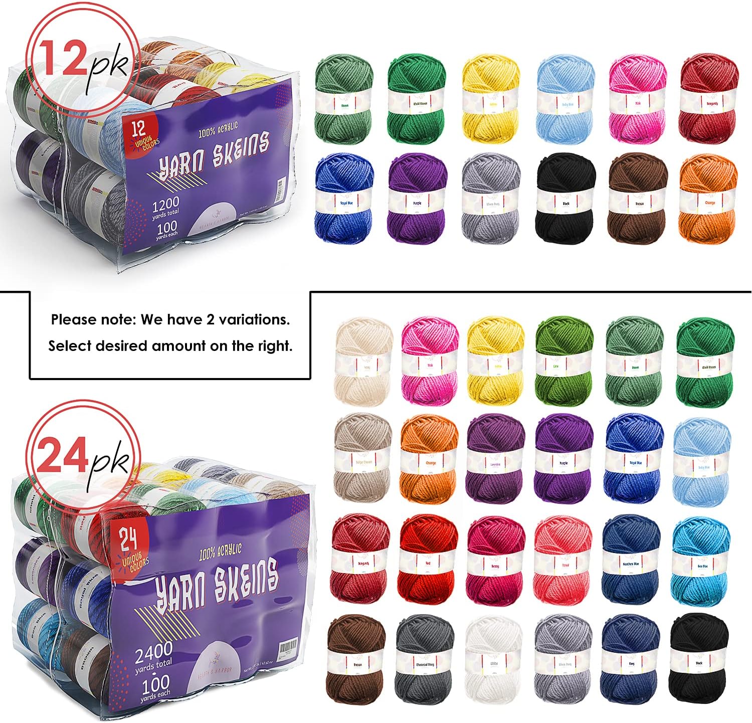 Skiennix Acrylic Yarn Skeins - 2400 Yards of Soft Multicolored Crochet Yarn - 24 x 50g Pack for Knitting and Crafts