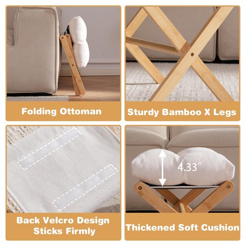 Baveke Ottoman Foot Rest- Bamboo Foldable Stool, Foot Stools Small Ottman with Upholstered & X Legs, Folding Shoe Bench, Bedroom and Living Room (Small Beige)