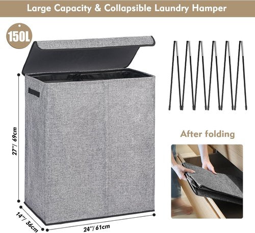 DOKEHOM 150L Double Laundry Basket - Collapsible Hamper with Lid & Removable Bags | Grey