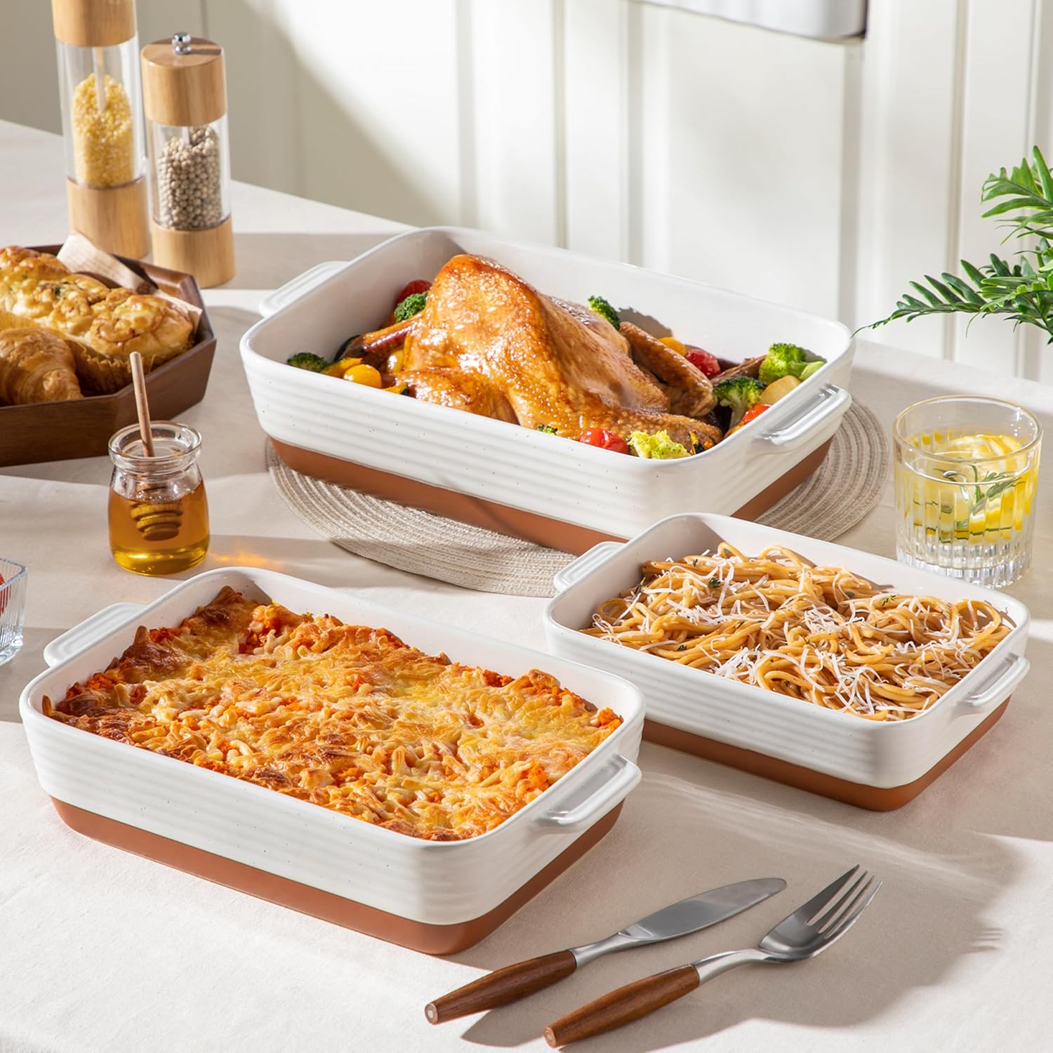 MALACASA Casserole Dishes Set - Ceramic Baking Pan Set of 3 with Handles - Rectangular Lasagna Dish in Khaki White (14.5''/13''/10.5'') | Series TARA