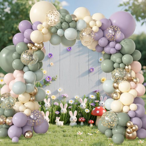 Amandir 173Pcs Dusty Green Purple Pink Balloon Arch Garland Kit, Lavender Pastel Blush Pink Yellow Mist Green Gold Confetti Balloons for Baby Shower Wedding Tea Wildflower Birthday Party Decorations
