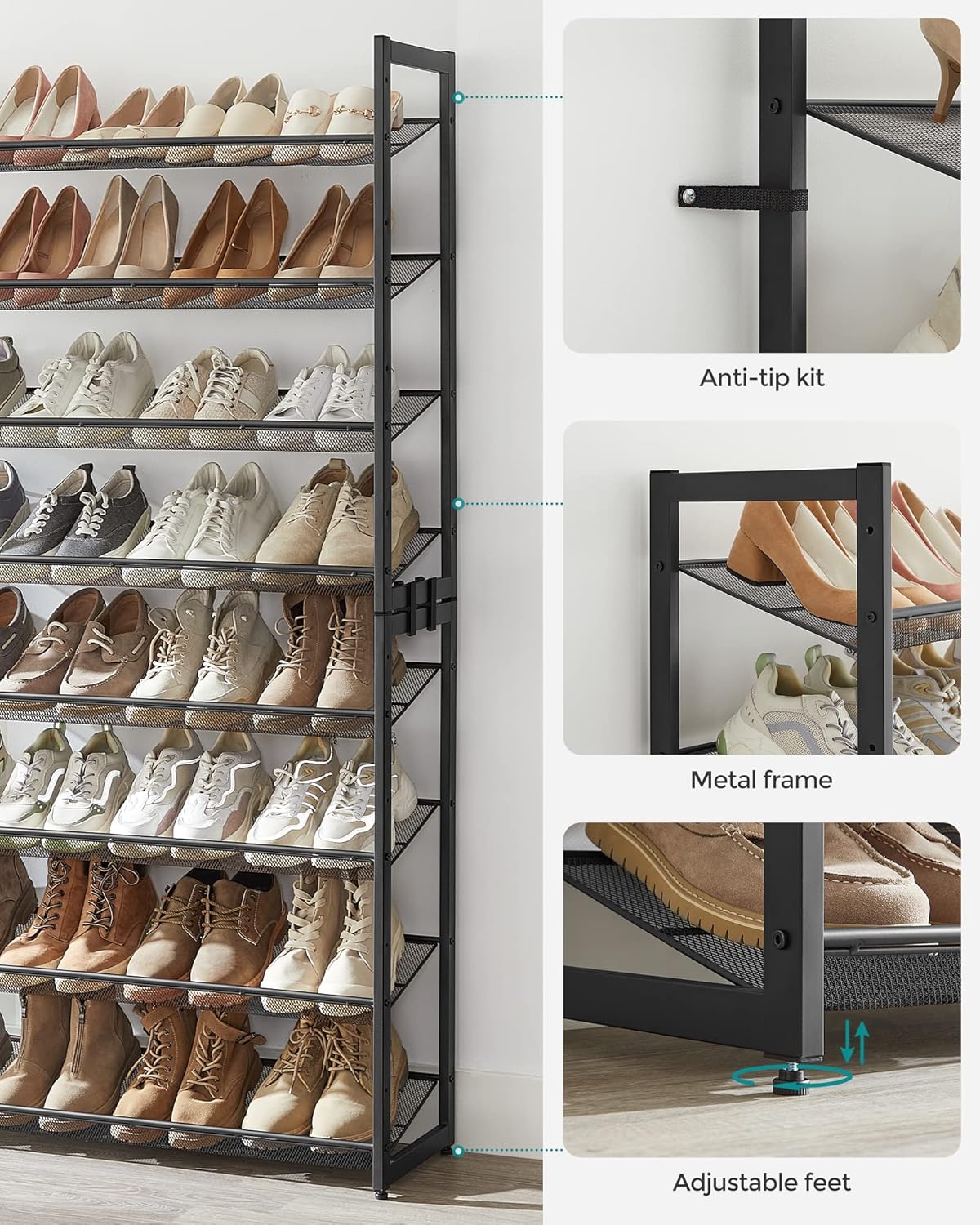 SONGMICS 8-Tier Shoe Rack - Metal Organizer for Garage | Adjustable Shelves, Holds 32-40 Pairs, Ink Black