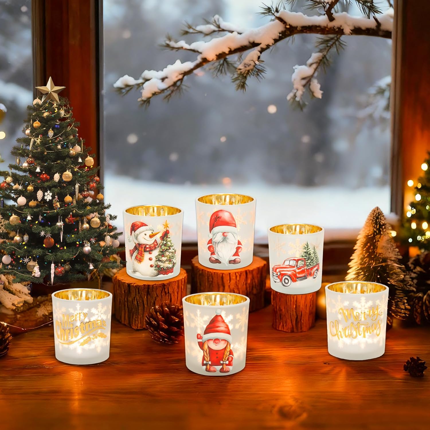 Regine Switzerland Christmas Votive Candle Holders - Set of 3 White, Gold & Red Glass for Holiday Decor | Gnome, Truck & Snowman Designs