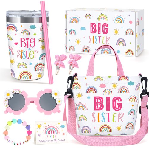Big Sister Gifts for Girls Cute Promoted to New Big Sister to Be Announcement Gift Set Basket Includes 12OZ Tumbler Canvas Bag Bracelet for Little Girls Gift Ideas for Older Siblings of New Baby