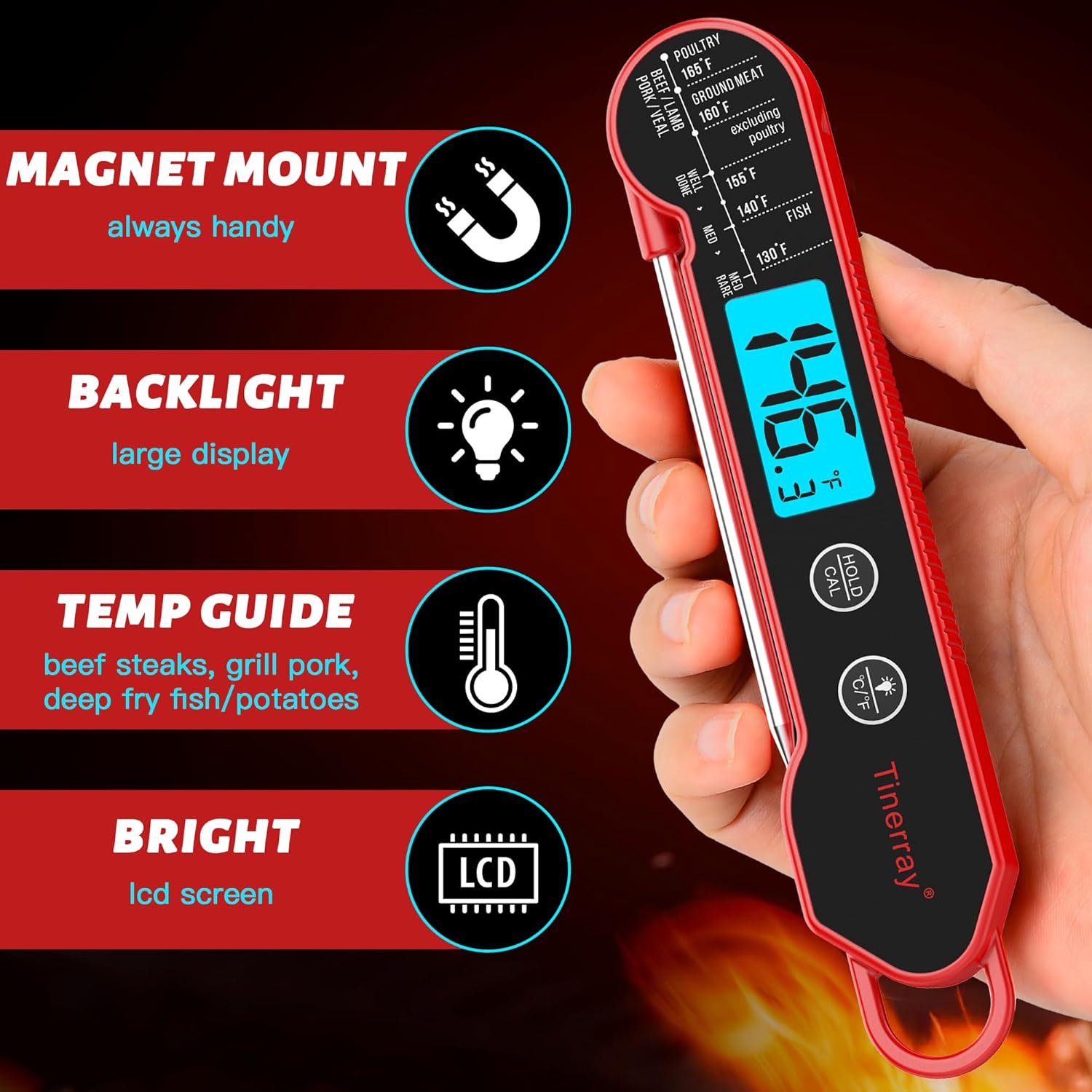 Professional Digital Meat Thermometer - Instant Read Waterproof Folding Probe with Backlight & Calibration for BBQ, Grill, Cooking