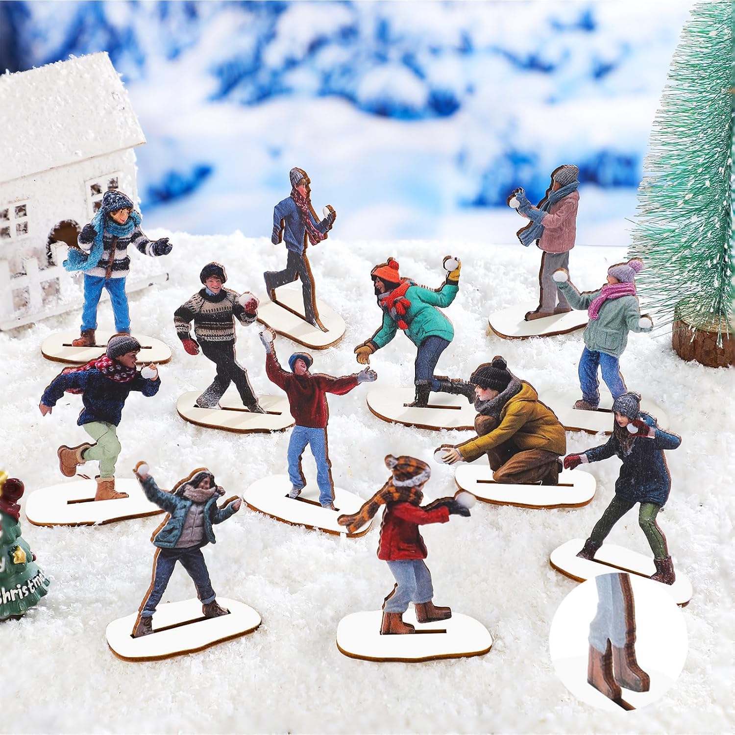 Weysat Christmas Village Figurines Set - 12 Miniature Snowball Fight Models for Winter Decor