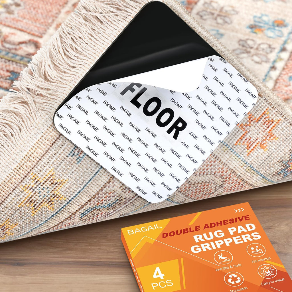 BAGAIL Non-Slip Rug Grippers - 4 Reusable Double-Sided Adhesive Corners for Hardwood & Tile Floors | 4x4in