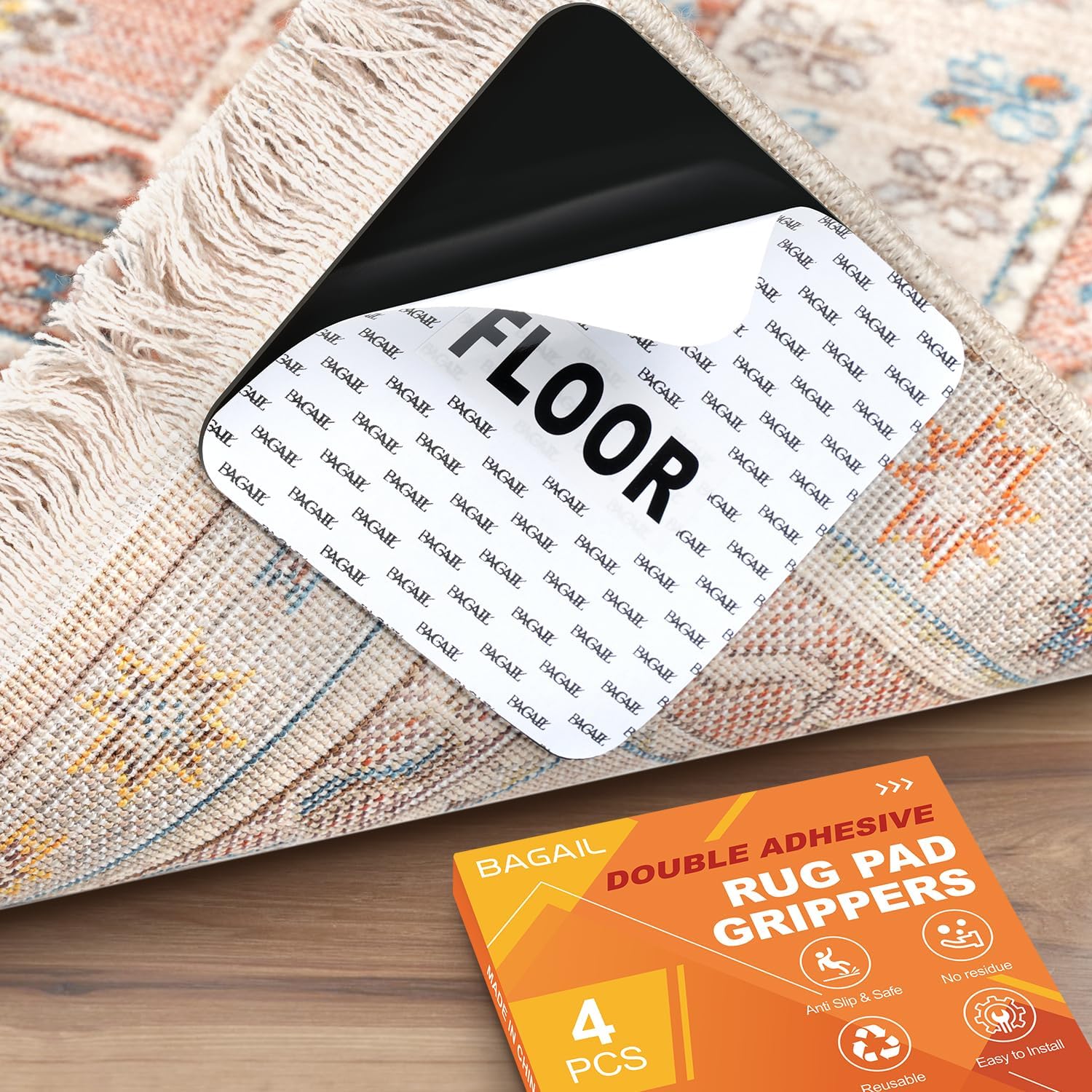 BAGAIL Non-Slip Rug Grippers - 4 Reusable Double-Sided Adhesive Corners for Hardwood & Tile Floors | 4x4in