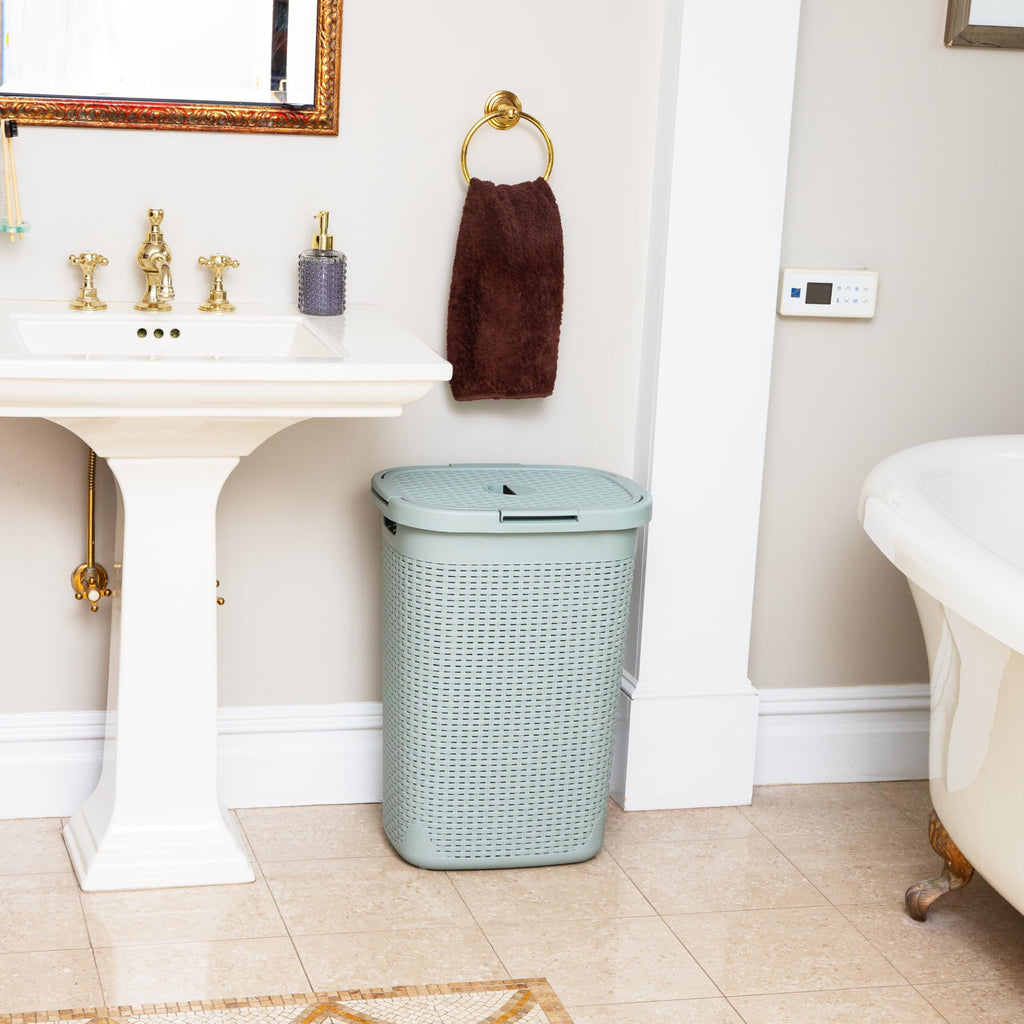 Mind Reader Slim Laundry Hamper with Lid, 60L Tall Clothes Basket, Narrow Tapered Design for Bathrooms, Closets and Laundry Rooms, Plastic, Mint