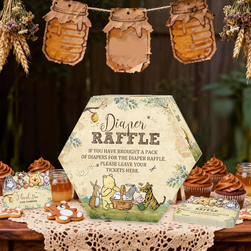 Winnie Baby Shower Diaper Raffle Hexagonal Box, 50 Bear Diaper Raffle Tickets with Box, Classic Baby Shower Game for Girls Boys, Pooh Baby Shower Party Centerpiece, Newborn Party Decoration Supplies