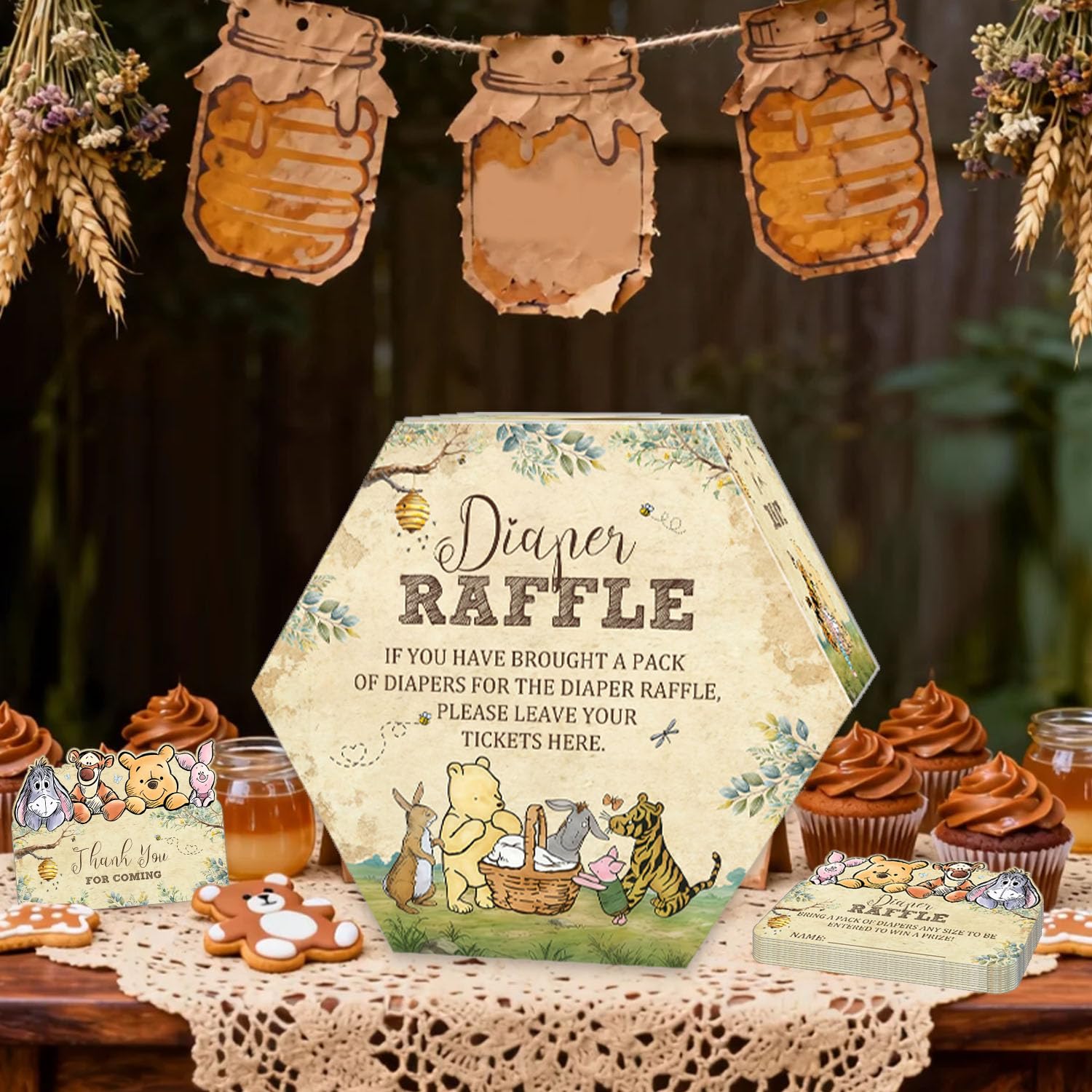 Winnie Baby Shower Diaper Raffle Hexagonal Box, 50 Bear Diaper Raffle Tickets with Box, Classic Baby Shower Game for Girls Boys, Pooh Baby Shower Party Centerpiece, Newborn Party Decoration Supplies