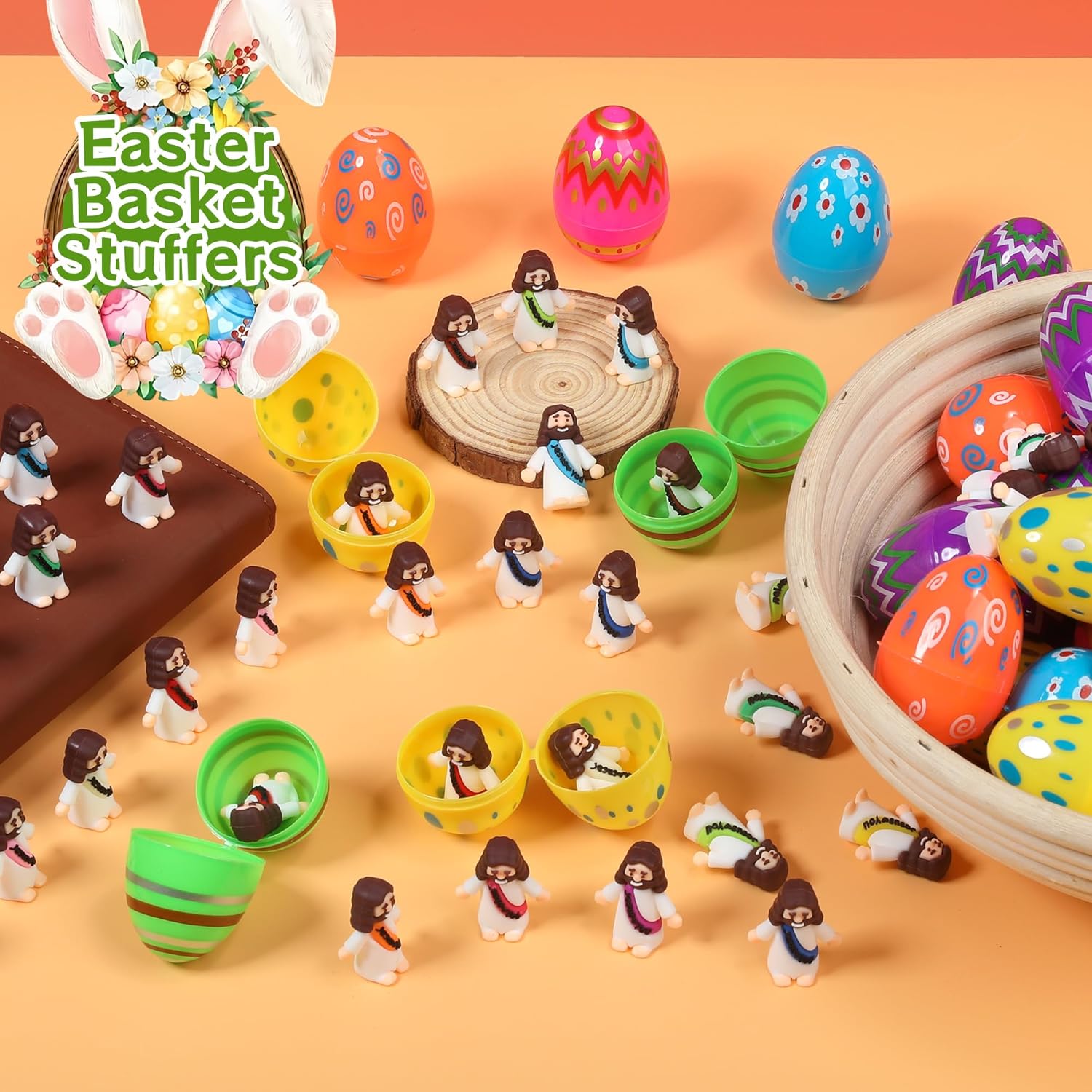 Skiennix Easter Basket Stuffers - 60 PCS Colorful Eggs & Religious Jesus Figurines for Kids