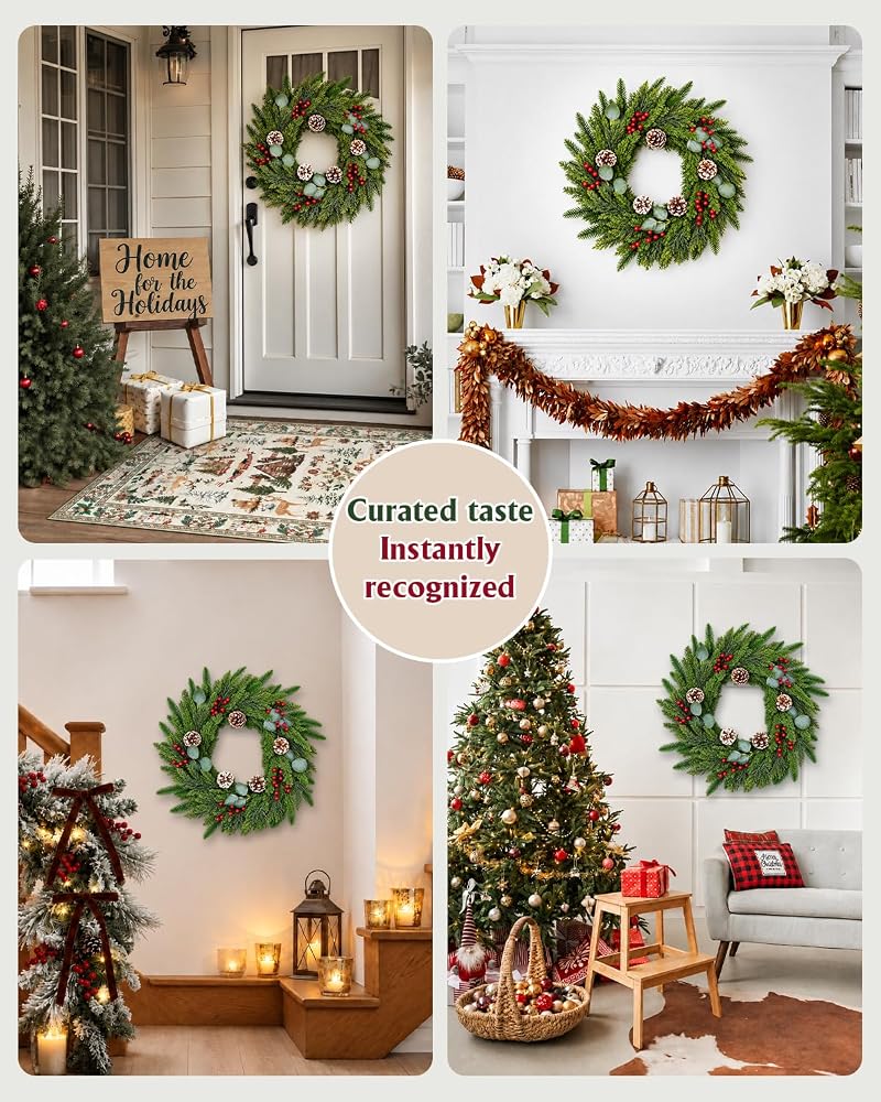 24-Inch Real Touch Pine Wreath with Red Berries & Cones — Indoor/Outdoor Holiday Decor