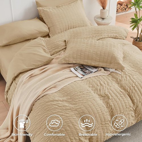 HYMOKEGE Twin XL Comforter Set - Luxury 5-Piece Seersucker Bedding Set in Khaki for All Seasons