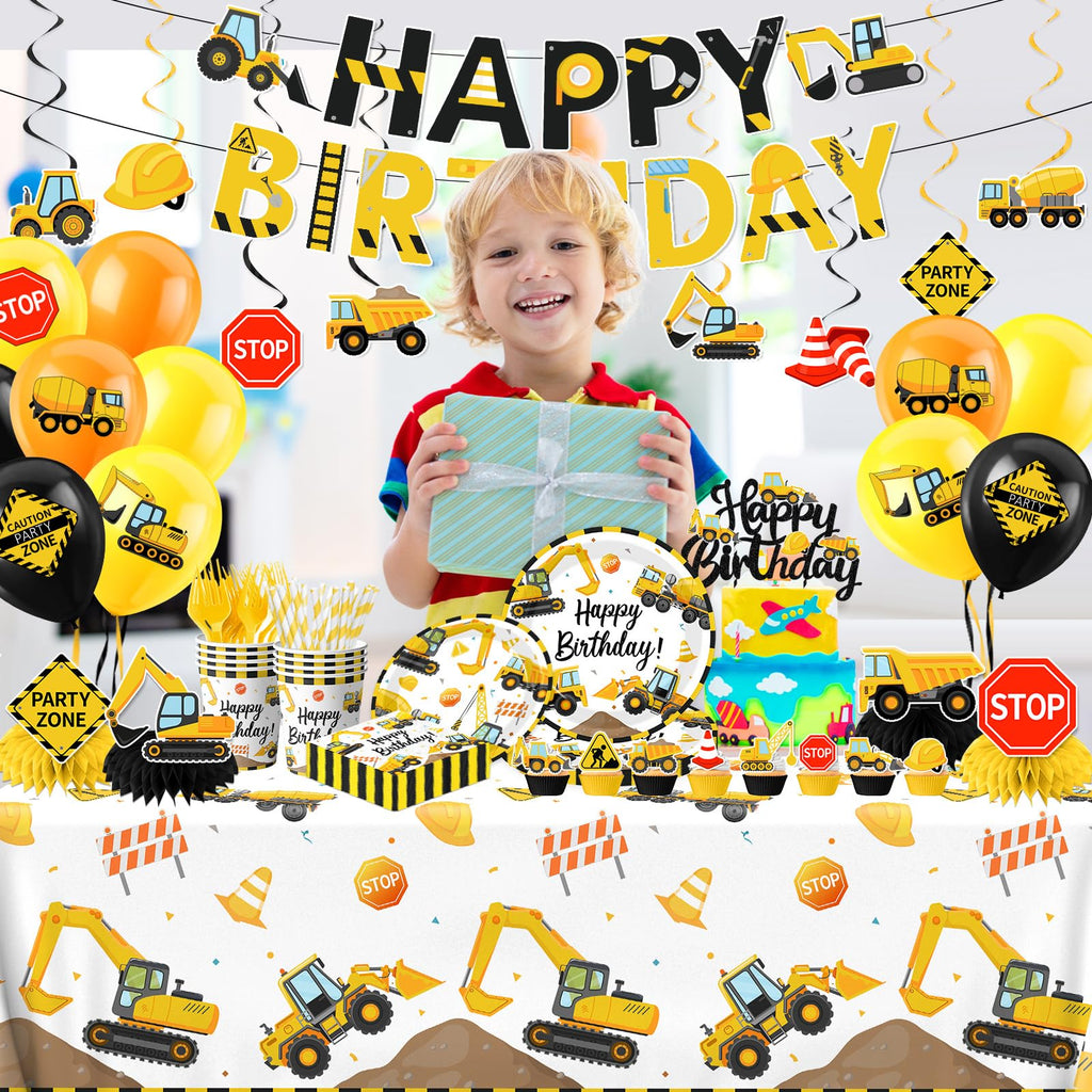 Construction Birthday Decorations,245PCS Construction Birthday Party Supplies-Includes Plates Napkins Cups Banner Balloons Tablecloth and Cake Toppers for Kids TruckTheme Celebration Tableware