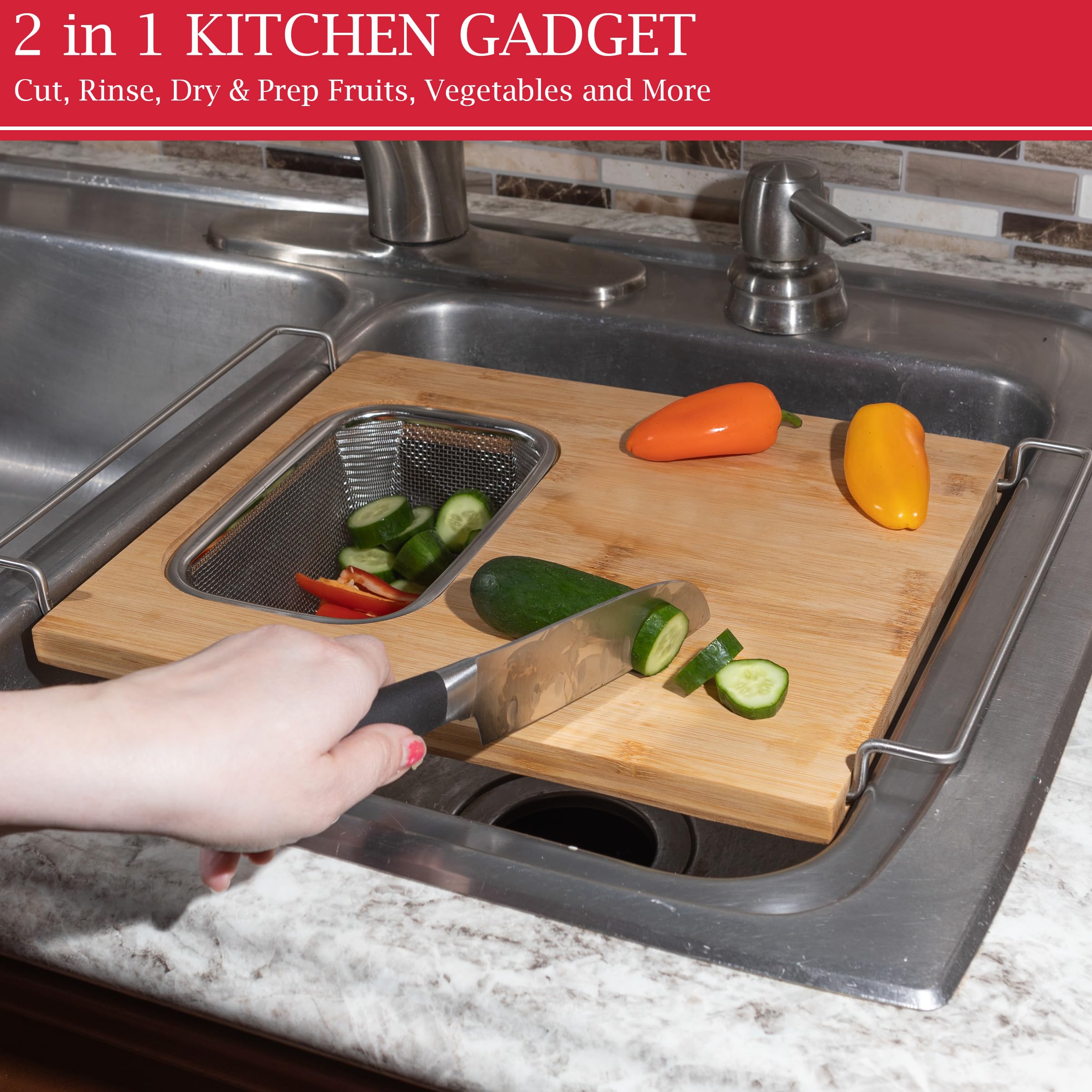 Cutting Board with Strainer - 2 in 1 Adjustable Bamboo Chopping Board with Removable Stainless Steel Colander for Over the Sink by Classic Cuisine