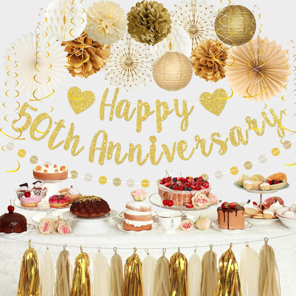 Roetyce 50th Anniversary Decorations, Gold Glitter Happy 50th Anniversary Banner Photo Background for Women Men, Cheers to 50 Years Backdrop Pompoms Paper Fans Party Supplies Dad Mom