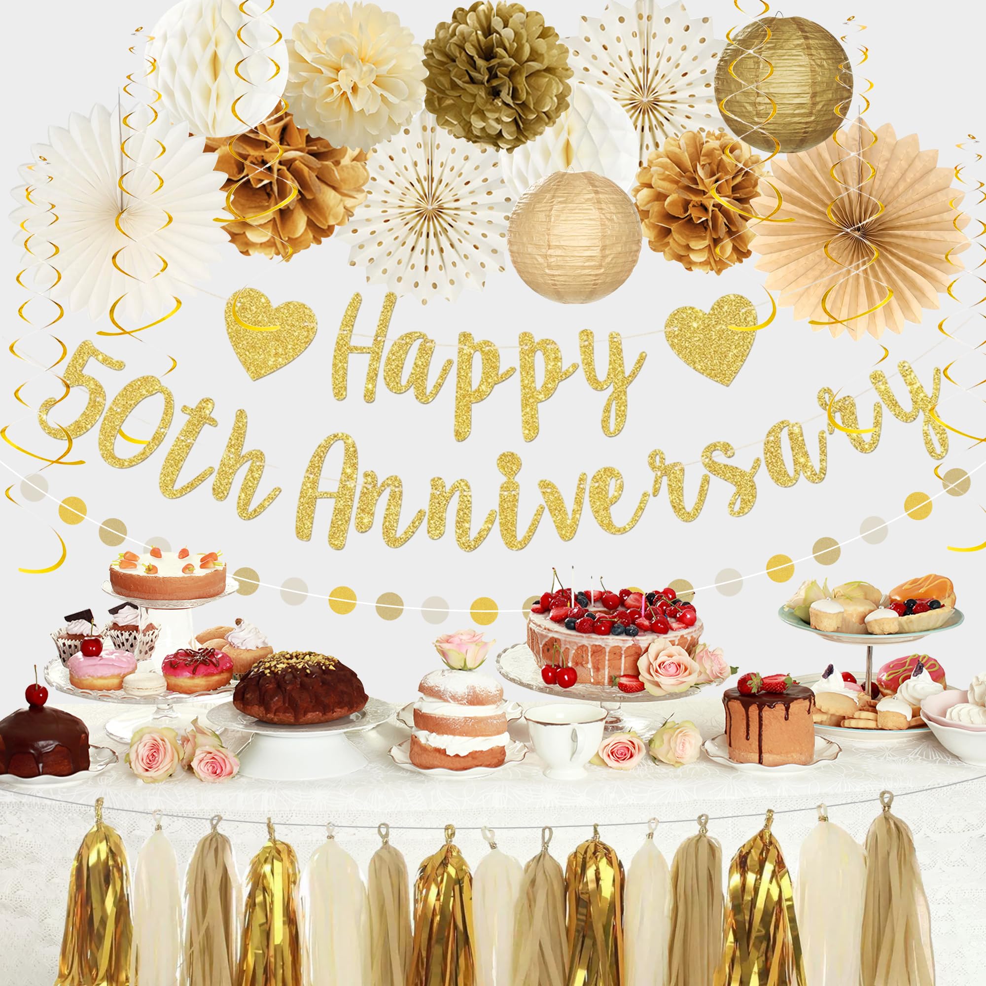 Roetyce 50th Anniversary Decorations, Gold Glitter Happy 50th Anniversary Banner Photo Background for Women Men, Cheers to 50 Years Backdrop Pompoms Paper Fans Party Supplies Dad Mom