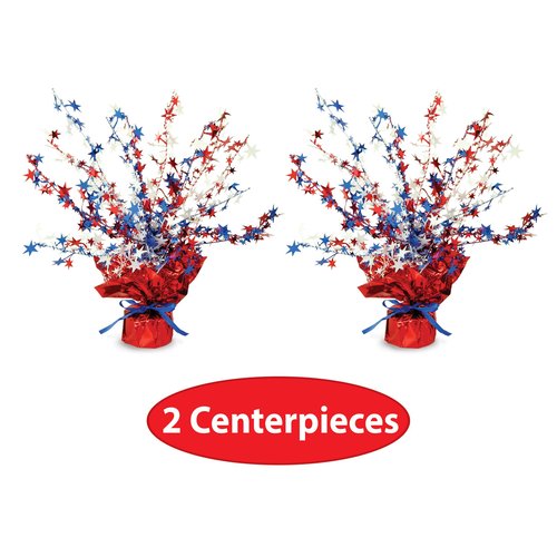 Beistle Patriotic Star Gleam ‘N Burst Centerpieces, 2-Count, Red/White/Blue Metallic Table Decor for Independence Day & American Memorial Day Parties, USA Decor, 15”