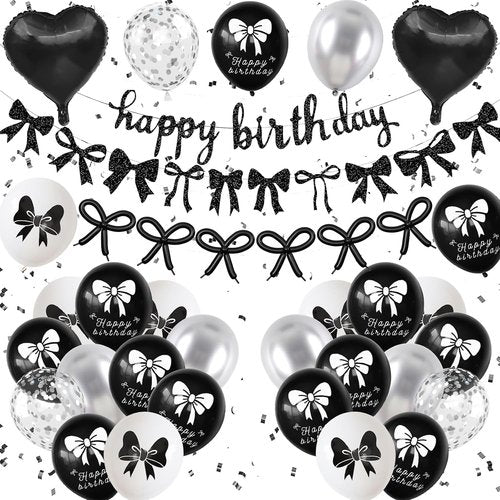 Bow Coquette Birthday Decorations - Black & Silver Party Set with Happy Birthday Banner & Heart Foil Balloons
