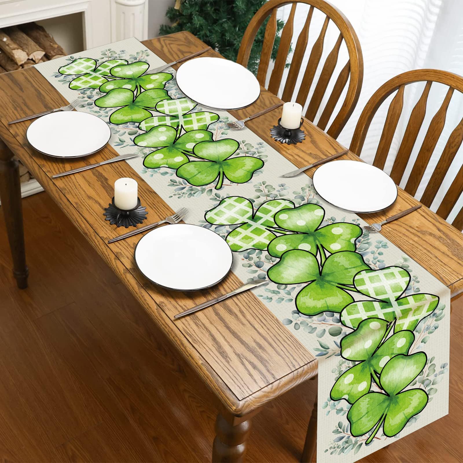 St. Patrick's Day Linen Table Runner Valentine's Day Table Runner Eucalyptus Hearts Lucky Shamrock Tables Decoration for Dinning Kitchen Home Party Decoration Supplies (13 x 72Inch)