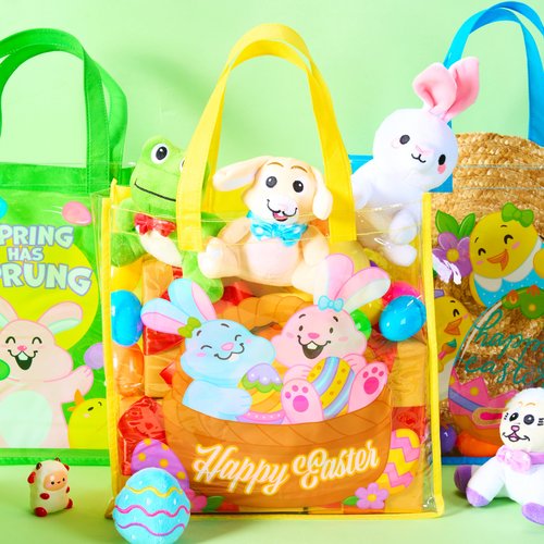 JOYIN 6 Pcs Easter Party Favor Supplies Gift Bags For Kids, 13" x 13" x 4" Big Size Non Woven Goodie Reusable Easter Rabbit Bunny Party Treat Bags with Handles for Egg Hunt