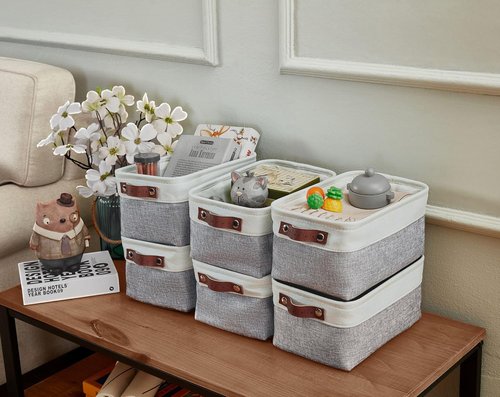 DECOMOMO Small Storage Baskets - Organize Your Closet with Grey & White 6-Pack Bins