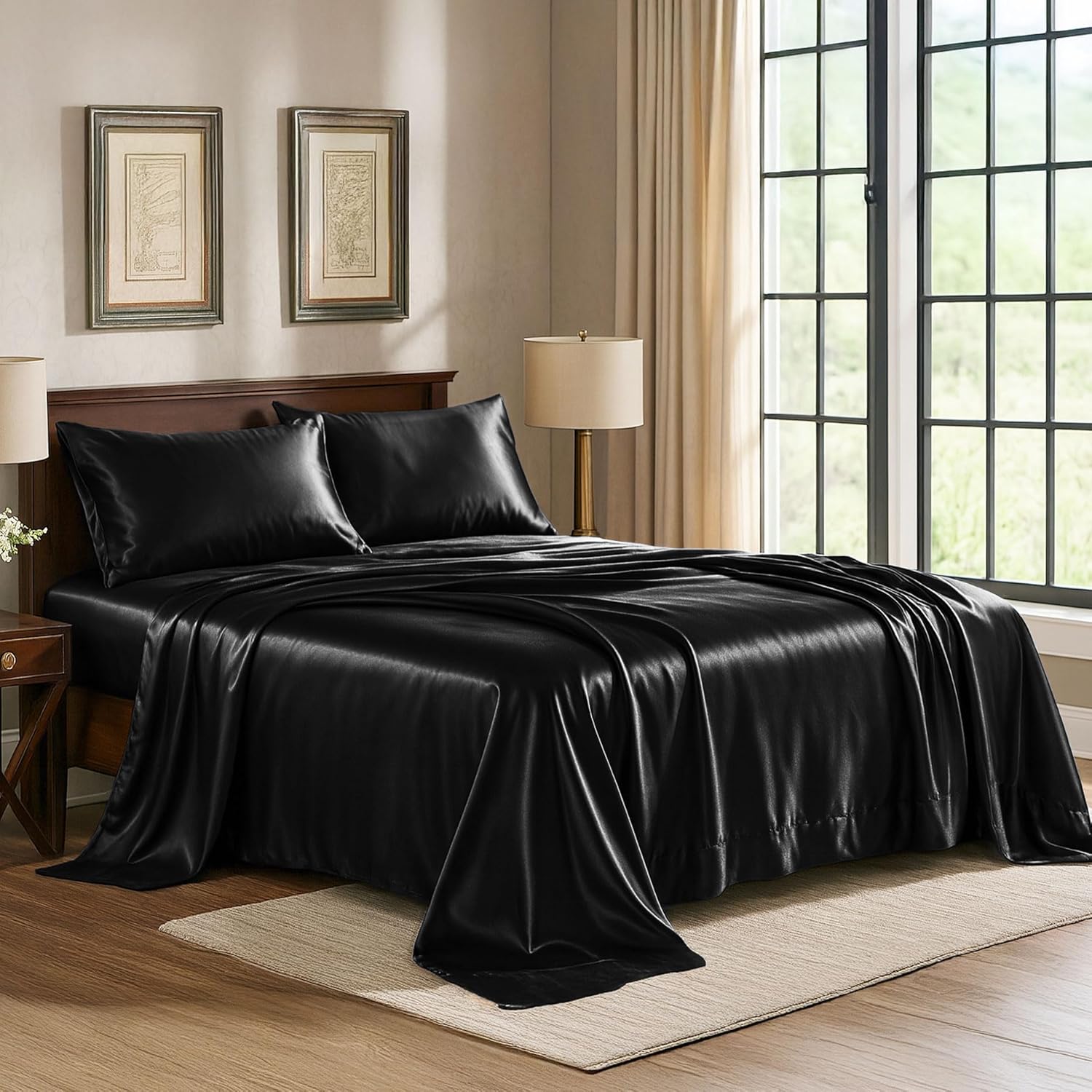 Pure Bedding Satin Sheets - Luxury Silky 4-Piece Queen Set in Black | Extra Soft 1800 Microfiber, Deep Pocket Design